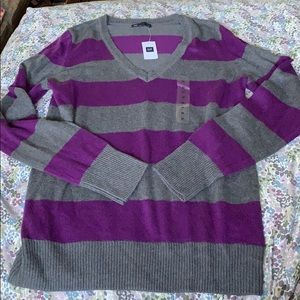 Striped gray and purple v-neck sweater